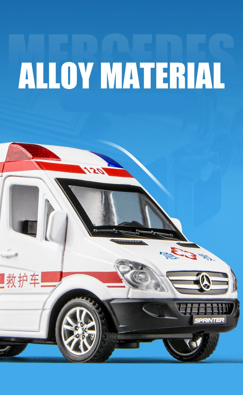 1:34 FORD Transit Alloy Ambulance Vehicles Car Model Diecast Metal Toy Broadcast Car Model Simulation Sound and Light Kids Gifts