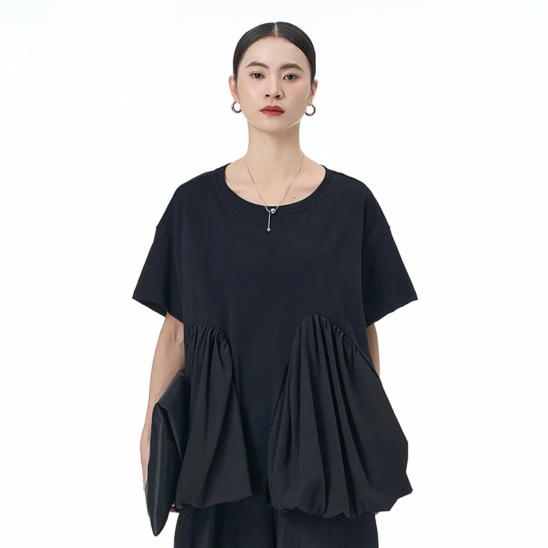 "تي شيرت صيفي كبير الحجم بجيب 2025 - بلوزة نسائية فضفاضة مقاس كبير"