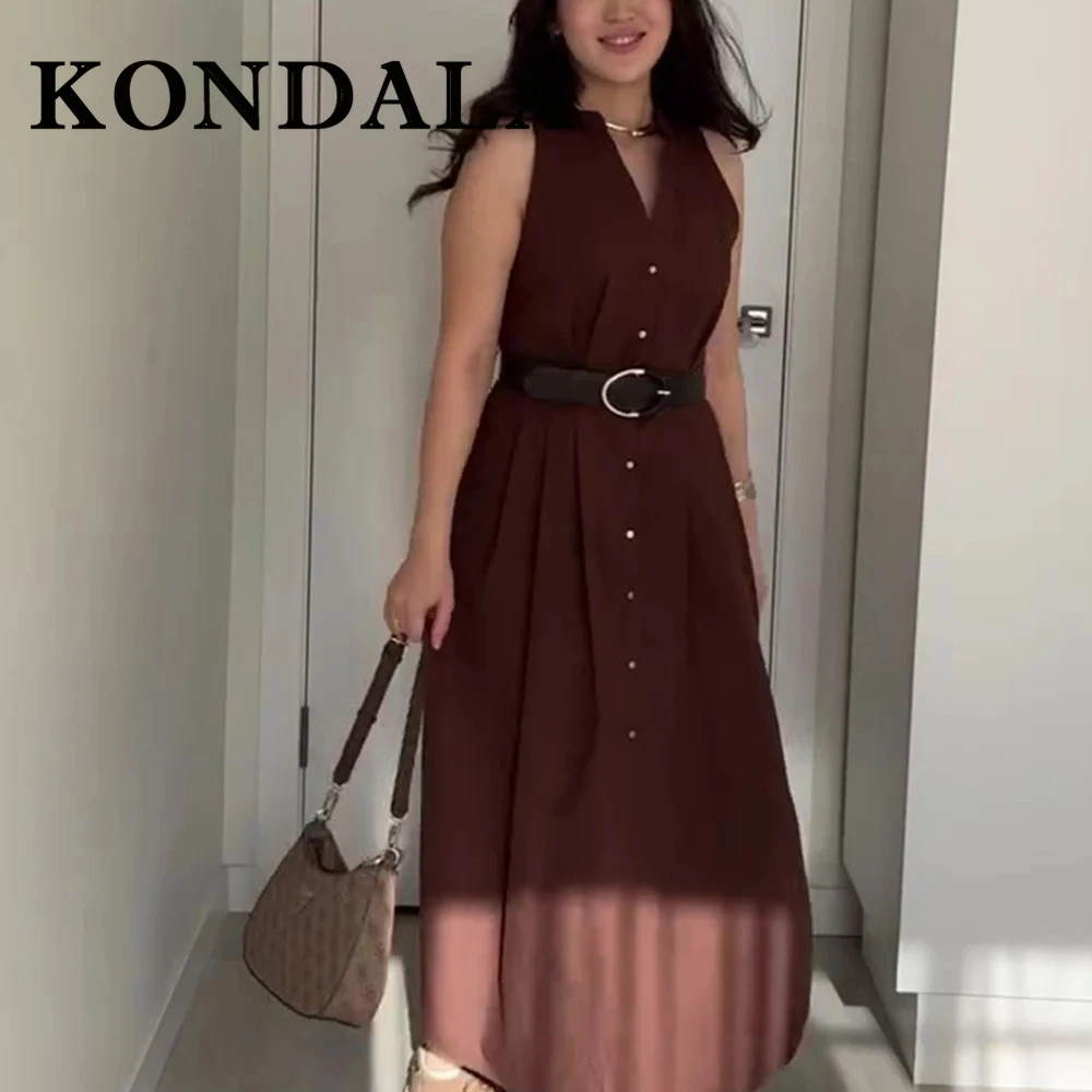 Kondala vintage marrom mulher vestidos único breasted sem mangas faixas vestido plissado moda 2025 verão streetwear vestidos longos