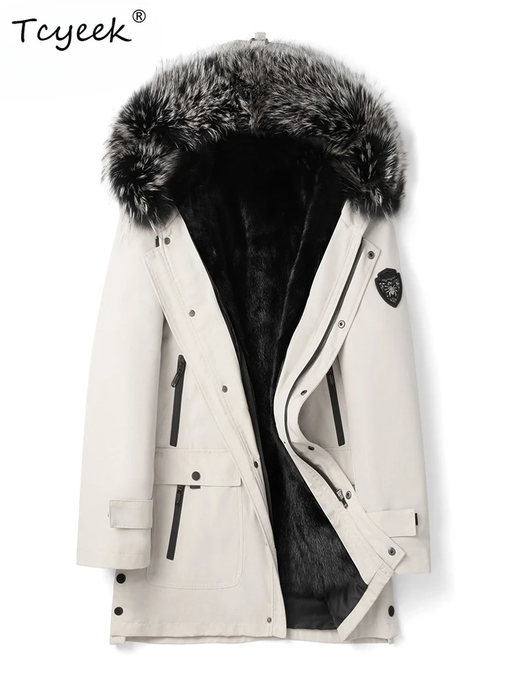 

Tcyeek Мужская куртка из натурального норкового меха средней длины, зимняя одежда, теплые мужские пальто, новая верхняя одежда, воротник из лисьего меха 2025
