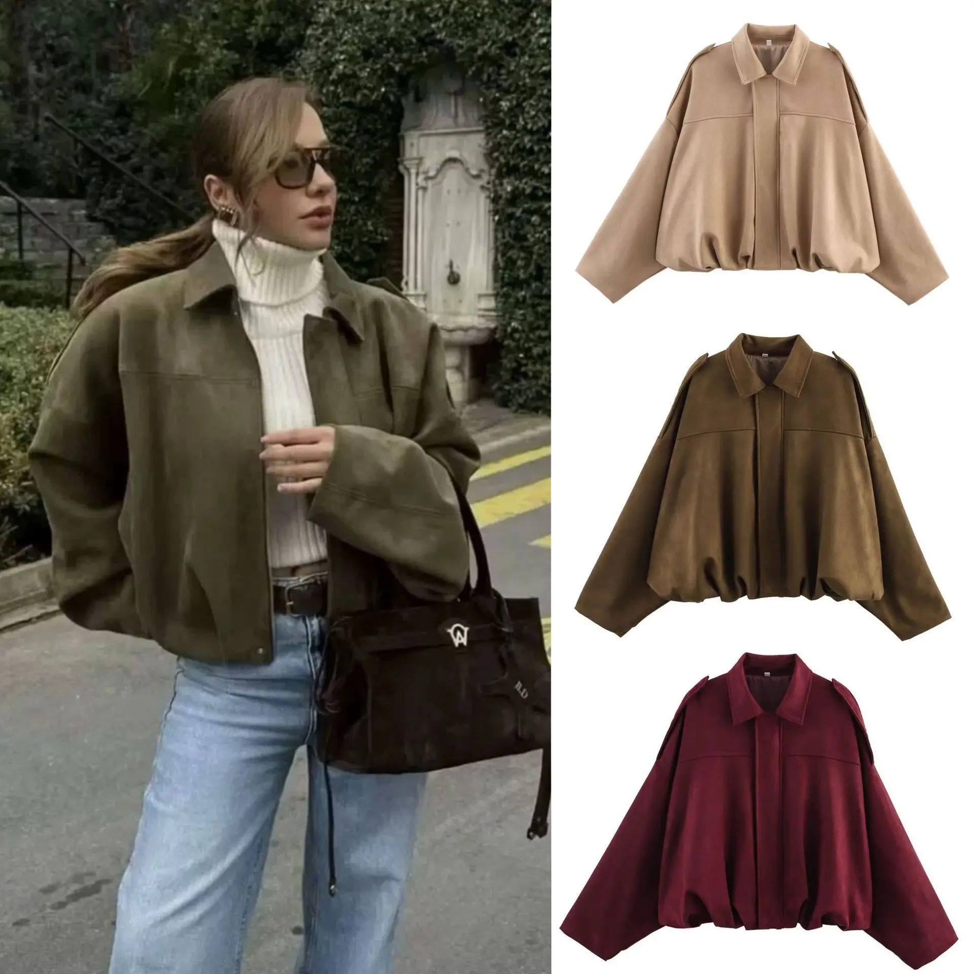 

new Women Loose Suede Bomber Jacket Lapel Long Sleeve Zipper Coat Spring autumn Vintage Texture lady Motorcycle Bomber Outwears