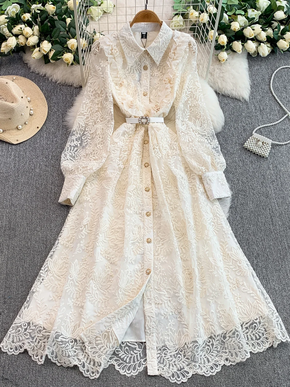 Ele High-End Embroidered Floral Lace Collar Long Dr Women's Spring Autumn Buttoned Waist Cinching A-Line Skirt