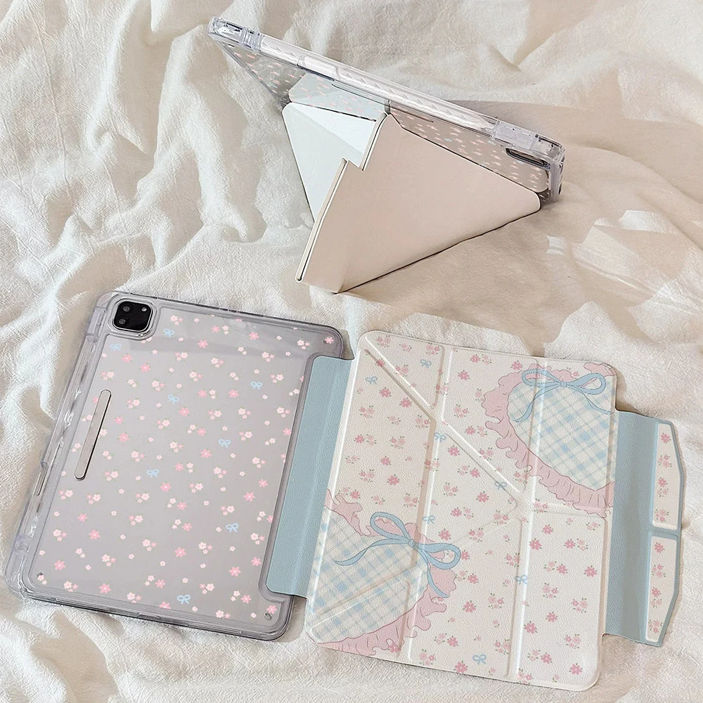 Ins Pink Blue Flower Bow Tablet Case For iPad Pro 11 12.9 13 A16 M2 M4 M3 M5 Shell 10.2 5/6/7/8/9/10/11th Mini Air 3 4 5 6 Cover