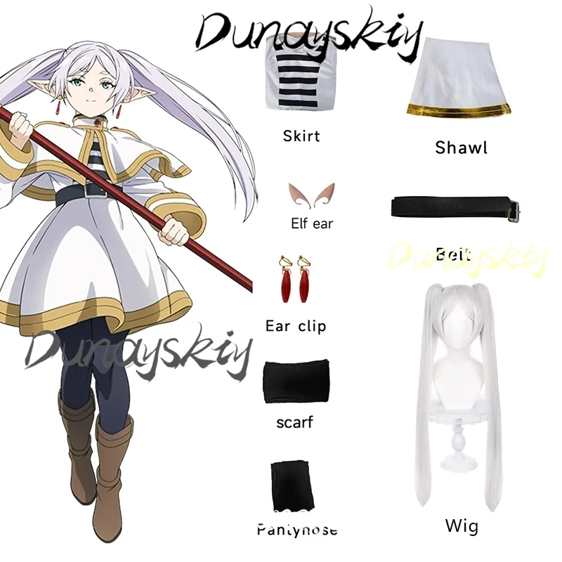 ﻿Sousou No Frieren Cosplay Anime Magician Costume Wig Dress Elf Ear Accessory Frieren Full Set or Women Girls Customized﻿