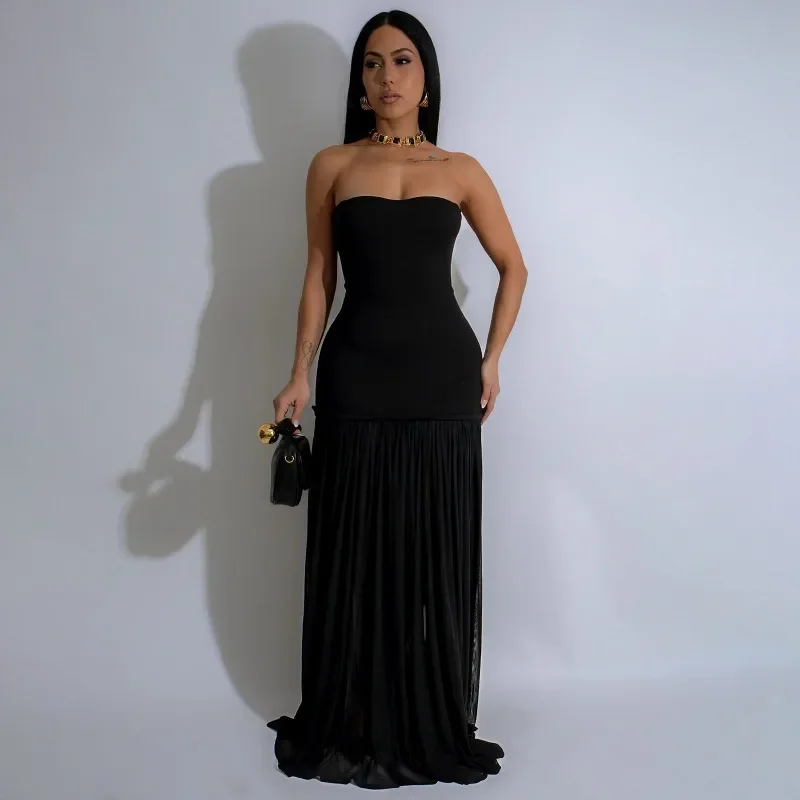 GUWU Damen Sexy rückenfreies Party-Maxikleid, durchsichtiges Netz, Spleißen, einfarbig, schwarz, trägerlos, Clubwear, Ausgehen