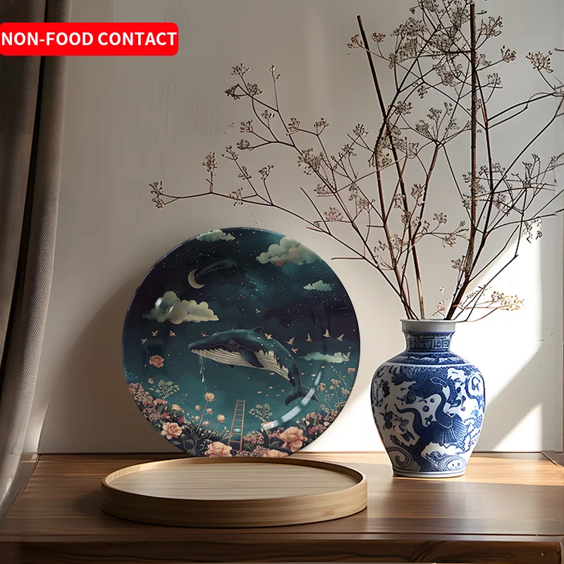 1pc Whale and Floral Ceramic Wall Art Plate - Non-Food Contact, Nordic Style Decorative Plate with Whale, Ladder, and Blooming