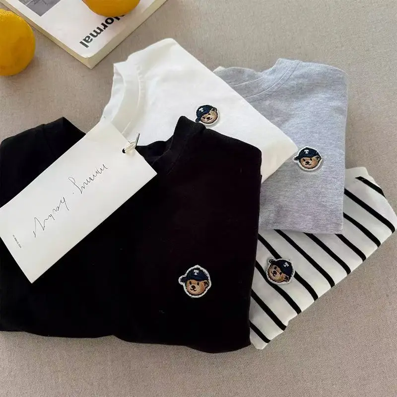 تي شيرت للأطفال بأكمام طويلة، قميص أساسي من القطن الخالص يسمح بمرور الهواء، قميص قاعدة مخطط للأولاد والبنات الكرتونية للربيع