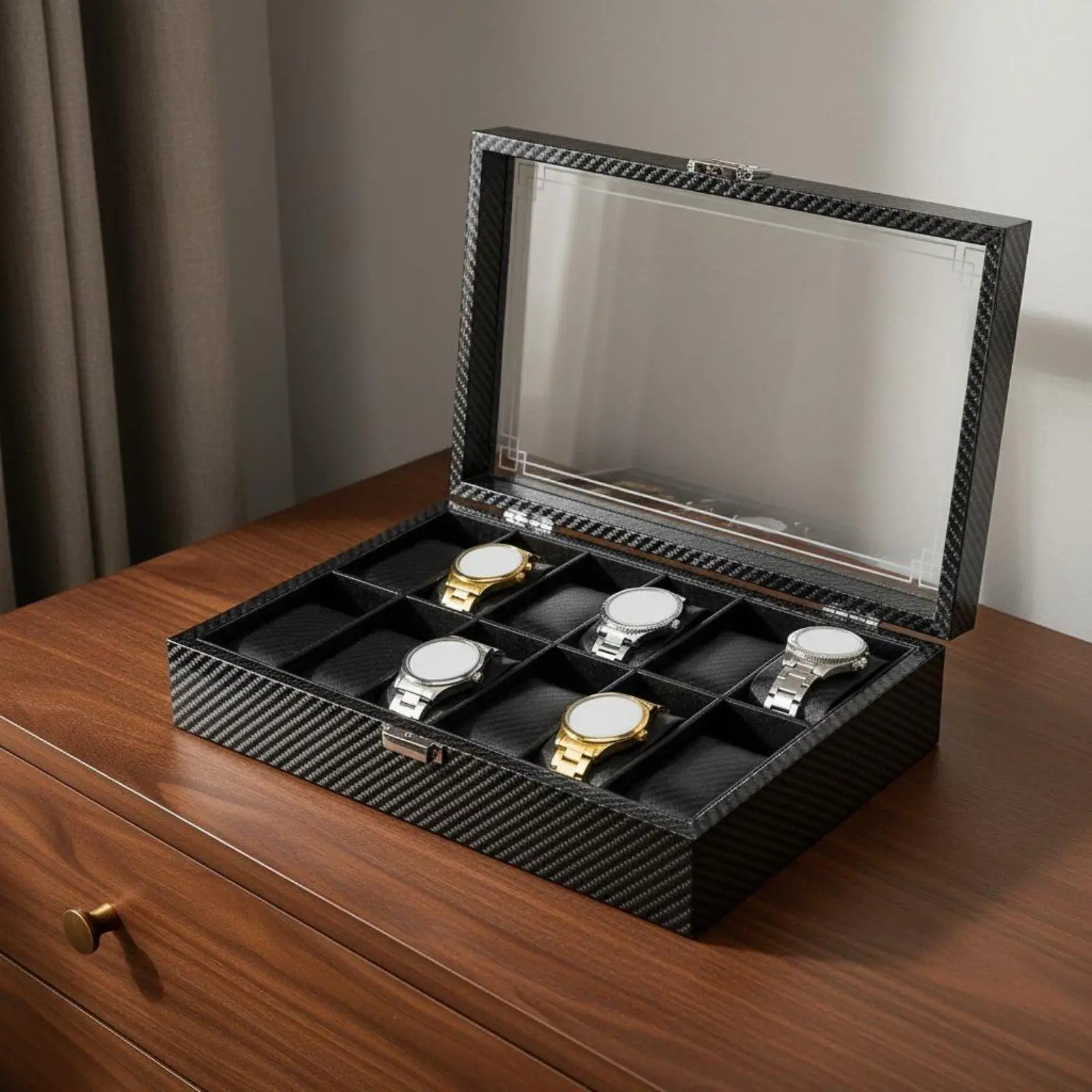 Jewelry Box for Room Large Watch Case Carbon Fiber Design with Glass Lid PU Leather Interior and Lockable Storage for Watches