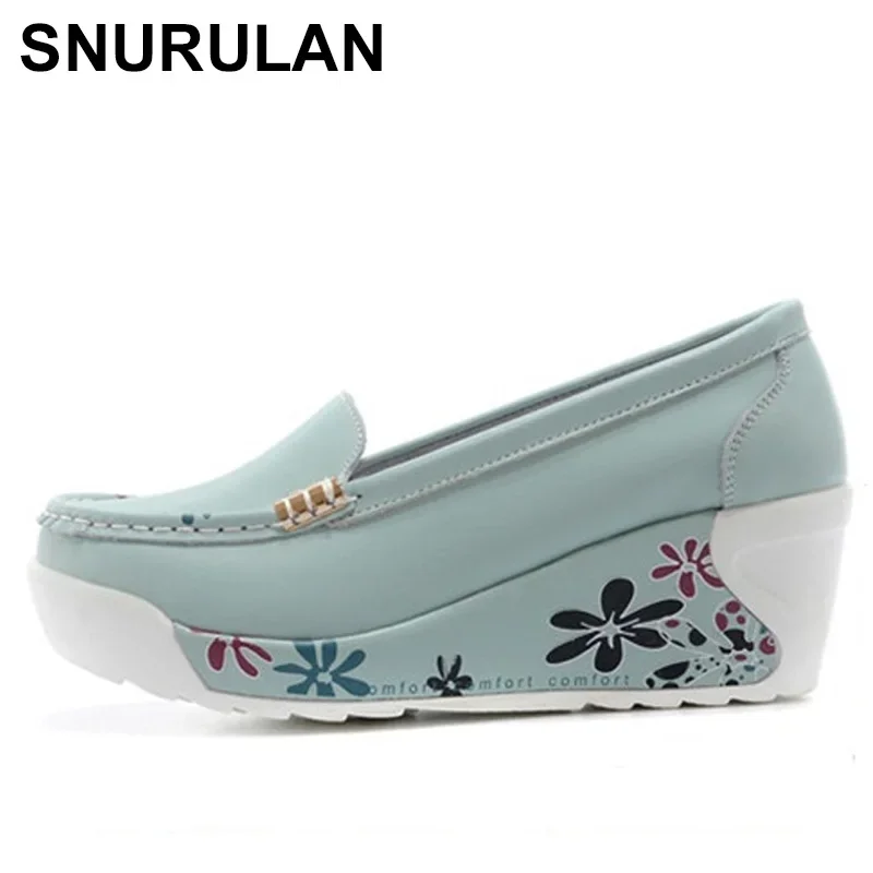 SNURULAN New Women\'s Genuine Leather Platform Shoes Wedges White Lady Casual Shoes Swing mother Shoes Size 35-40