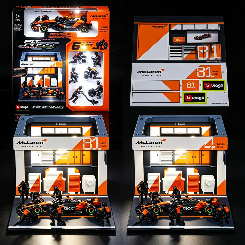 Bburago 1:43 2025 McLaren MCL39 DIY Pit Stop Luxus-Modellauto aus Legierung, Druckguss-Spielzeug # 4 Lando Norris # 81 Oscar Piastri statisches Modell