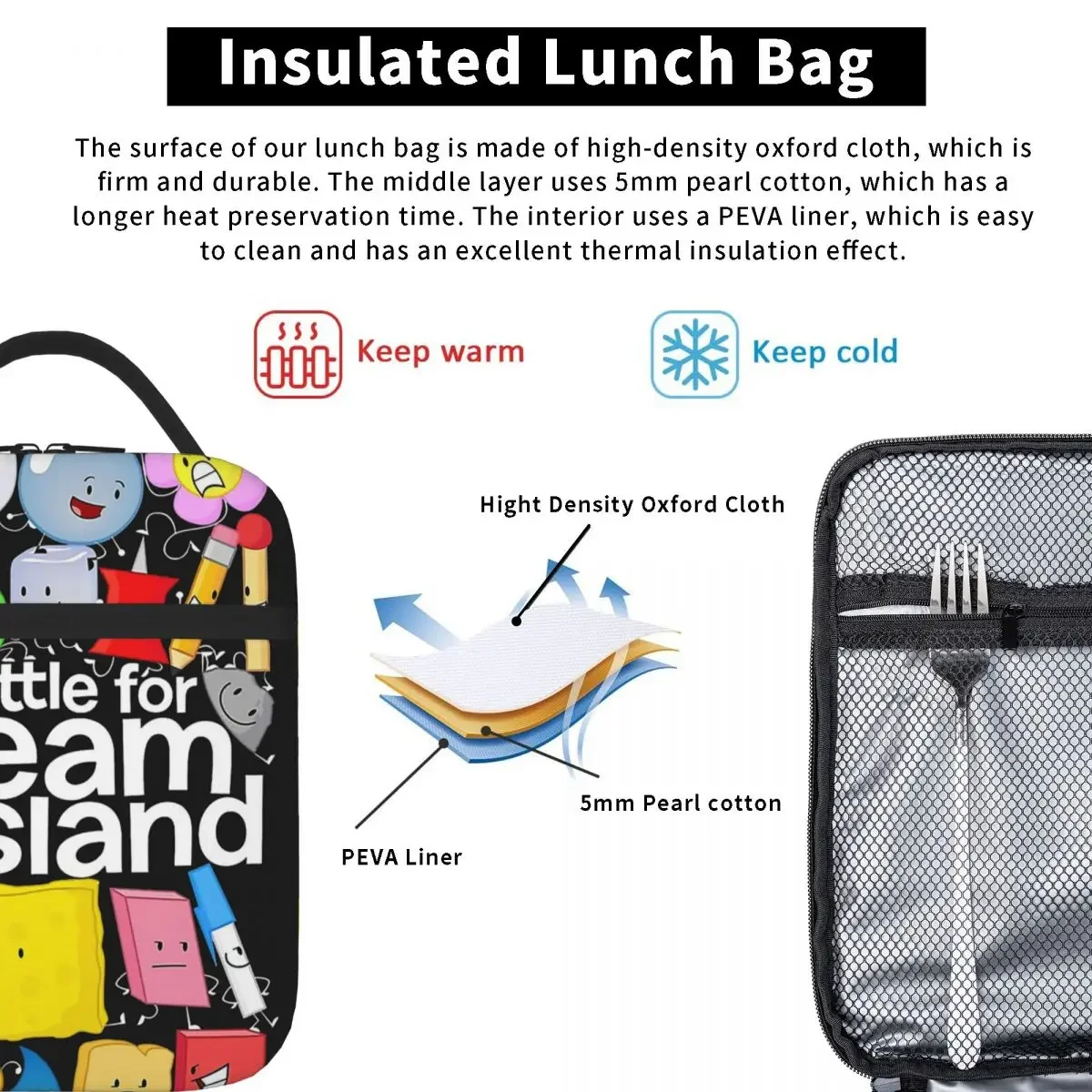 BFDI Poster Lunch Bags Insulated Lunch Tote Portable Bento Box Leakproof Picnic Bags for Woman Work Children School