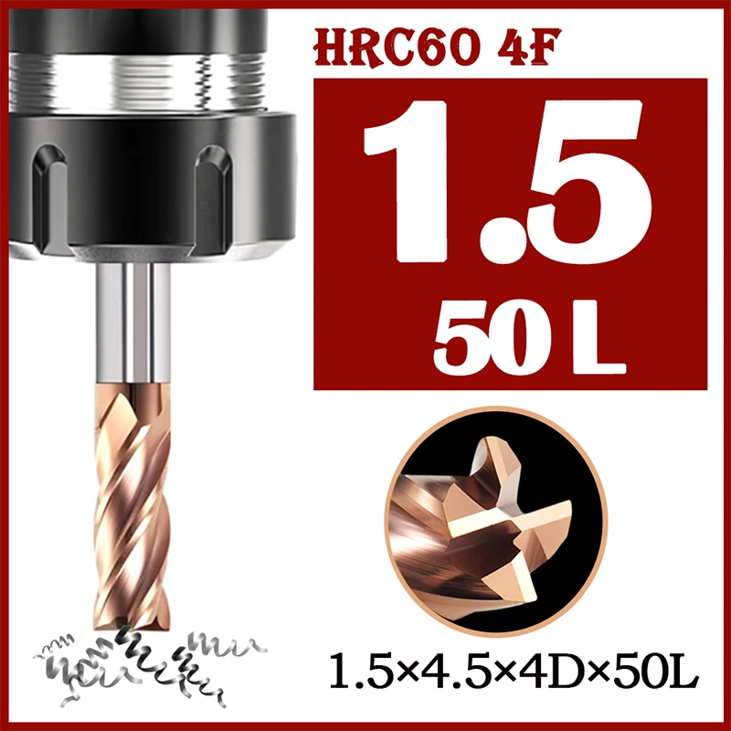 

Концевая фреза HRC60 1,5x4 x л, фреза с 4 канавками, инструмент для резки вольфрамовой стали с покрытием из сплава, мм, концевые Фрезы с ЧПУ