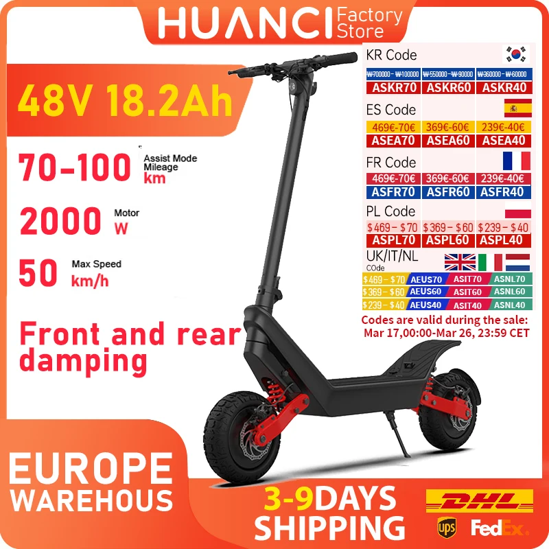 HUANCI X10 Electric Scooter 2000W 50km/h 18.2AH Foldable e scooter Dual Motor 11 inch electric scooter adults