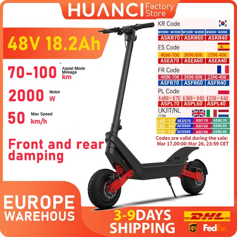 HUANCI X10 전기 스쿠터 2000W 50km/h 18.2AH 접이식 전자 스쿠터 듀얼 모터 11 인치 전기 스쿠터 성인