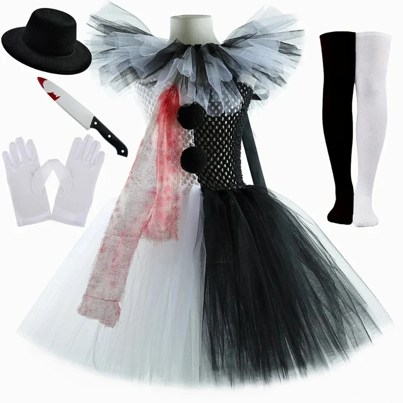 White Black Terrifier Clown Costumes for Girls Creepy Halloween Tutu Dress for Kids Joker Fancy Outfit Children Horror Clothes