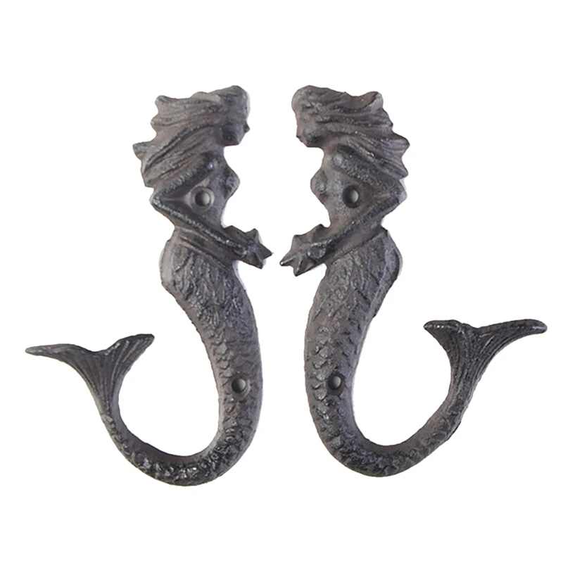 Rustic Cast Iron Mermaid Hook Wall Hanger Decor Beach Nautical Towel Holder Metal Wall Mounted Heavy Duty