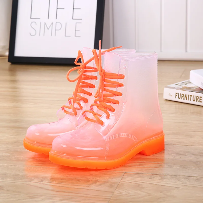 Women Rain Shoes Platform Rain Boots Jelly Color Ankle Boots Ladies New Waterproof Work Footwear 2021 Transparent Slip on Shoes