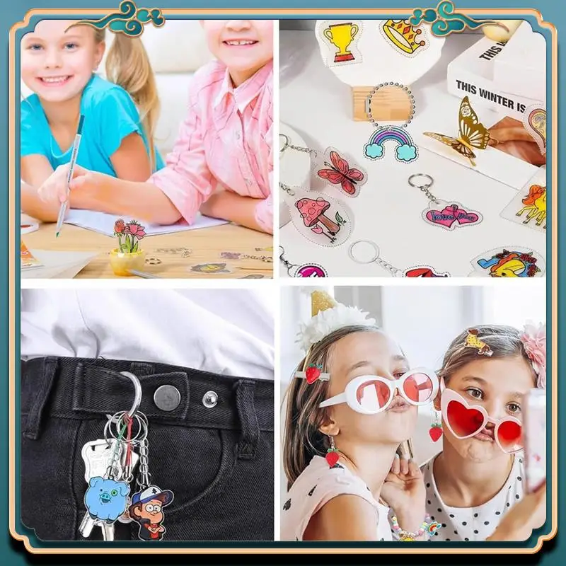 (Nuevo)-160 Uds. Kit de hojas de plástico retráctil, hojas de papel retráctil de 7,9X5,7 pulgadas y llaveros, accesorios para manualidades DIY para niños