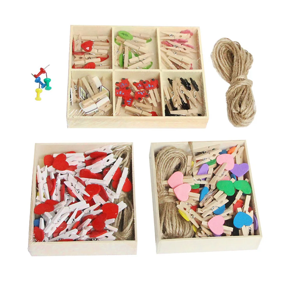 

50 Heart Shaped Wooden Clothespins 10m Rope 5 Drawing Pins for Photo Decorations Home Office Use Lightweight Mini Love