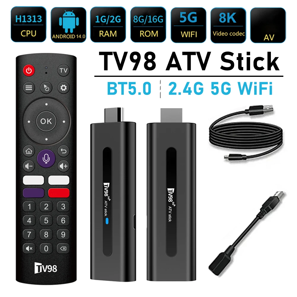 TV98 ATV H313 Mini TV Stick 8K 2.4G/5G WiFi Quad Core BT5.0 Android TV Stick 14.0 Smart TV Box for Network Media Player