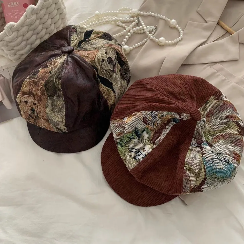 Casual Corduroy Retro Beret Puppy Patchwork Jacquard Newsboy Cap Short-Brimmed Octagonal Cap 5