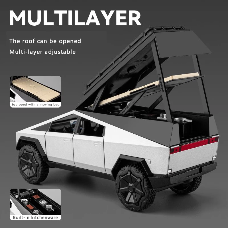 1:24 Cyber Pickup Legering Automodel Simulatie Geluid en licht Trek speelgoedauto Metalen terreinwagen Jongenscollectie Ornamenten