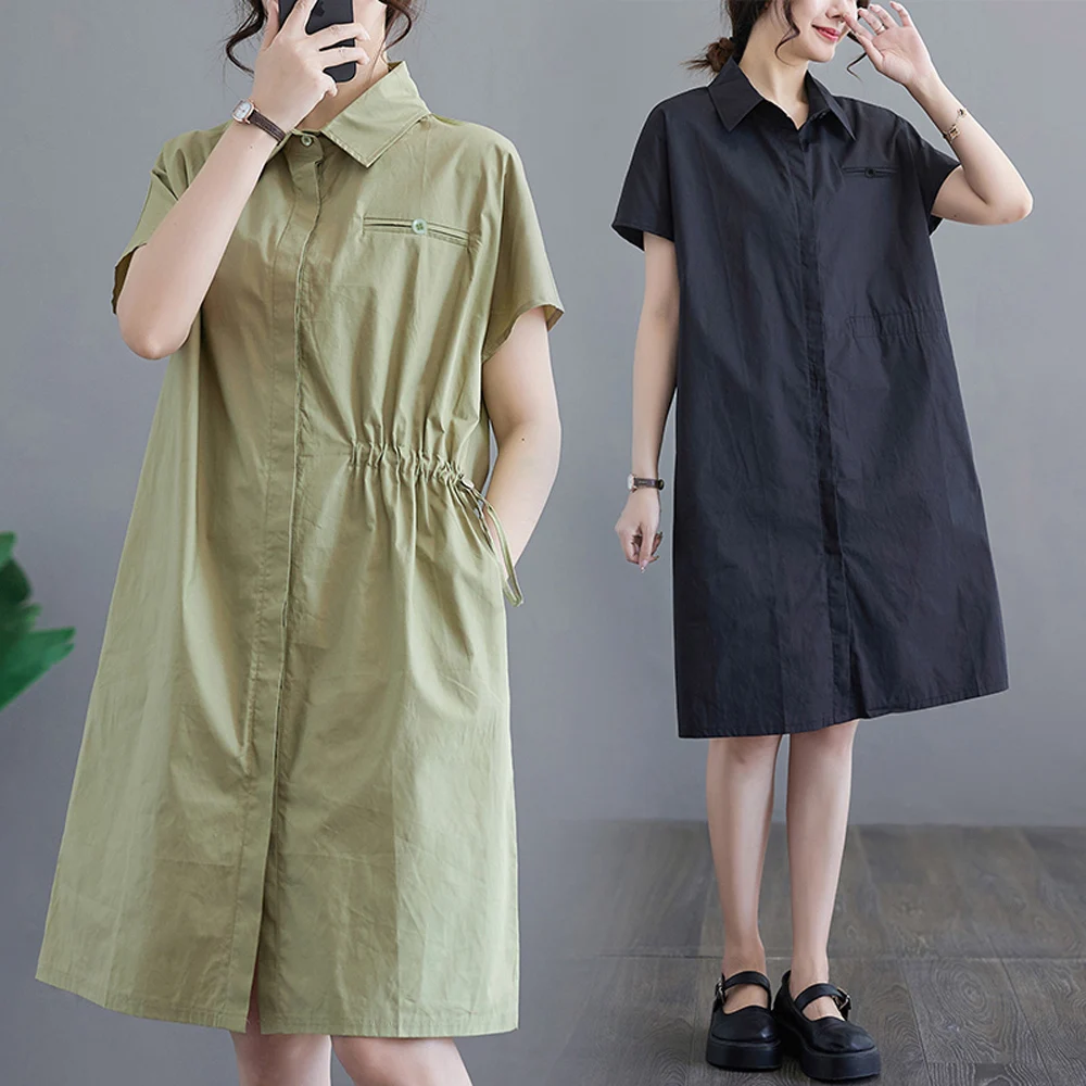 NYFS 2023 Summer New Casual Woman Dress Vestidos Robe Ete Femme Elbise Loose Cotton Short Sleeve Shirt Dresses