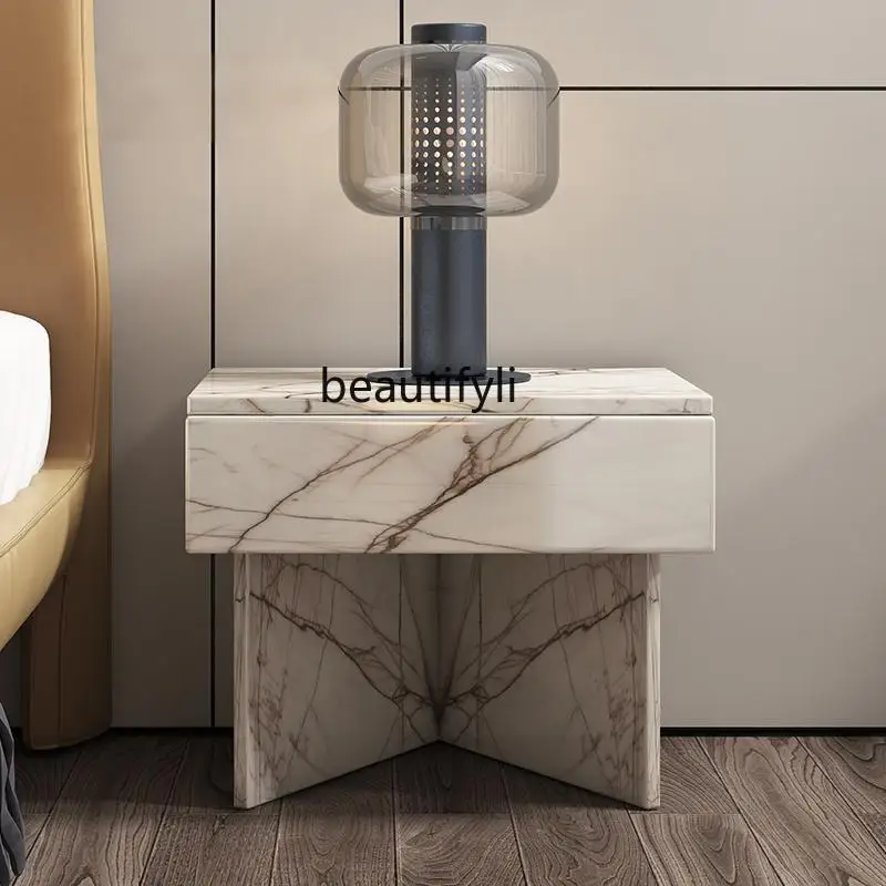 

"Italian Minimalist Nightstand - Natural Marble Bedside Table, Modern Creative Design Custom Bedroom Storage"