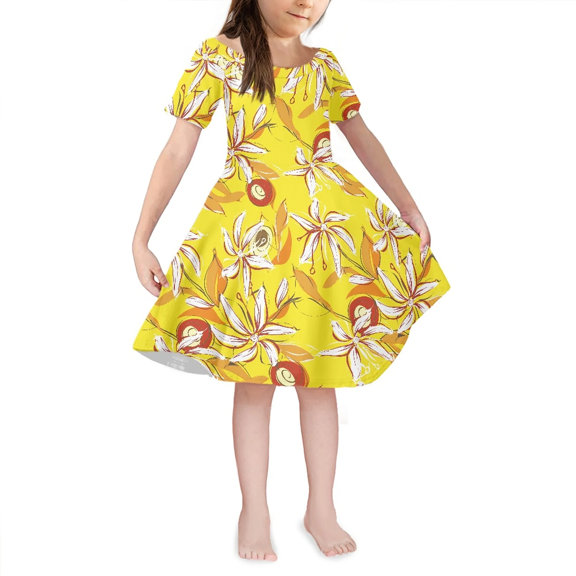 Dress Comfortable Breathable Fabric Round Neck Short Sleeve Girls Fashion Dress High Quality Hibiscus Dress Polynesian Print