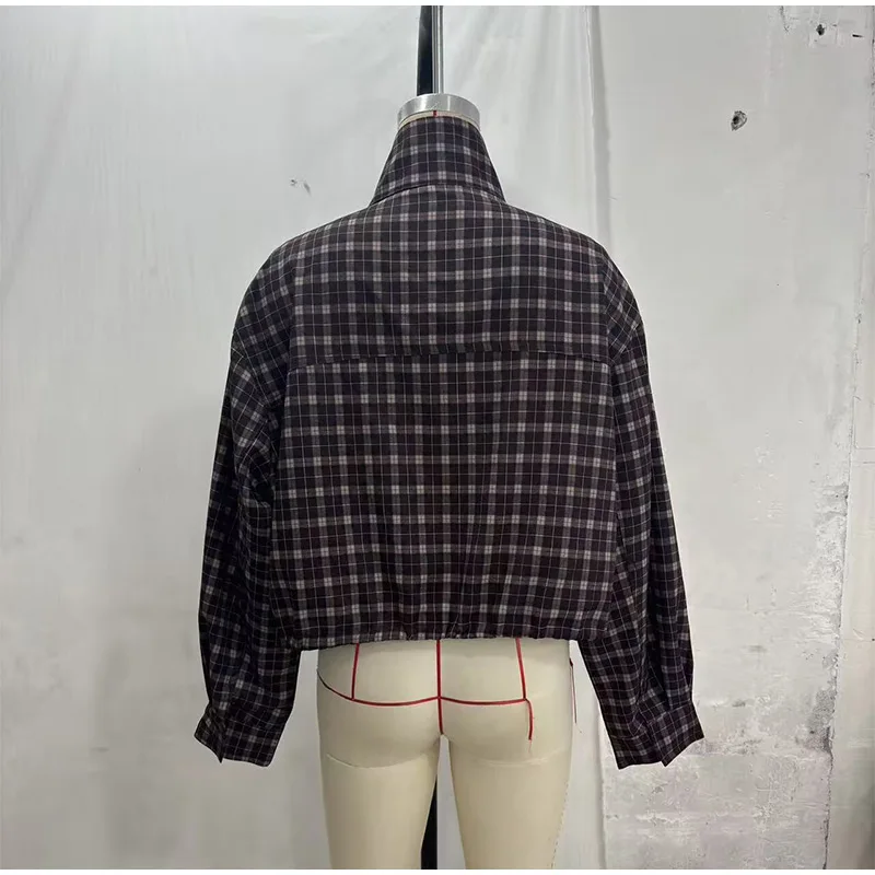 Damen-Culottes-Sets, karierte, langärmlige, übergroße Mäntel mit Stehkragen, plissierte Miniröcke, Herbst-Outfit für Damen, lockeres, paneliertes Outfit, Neu – Detail 2