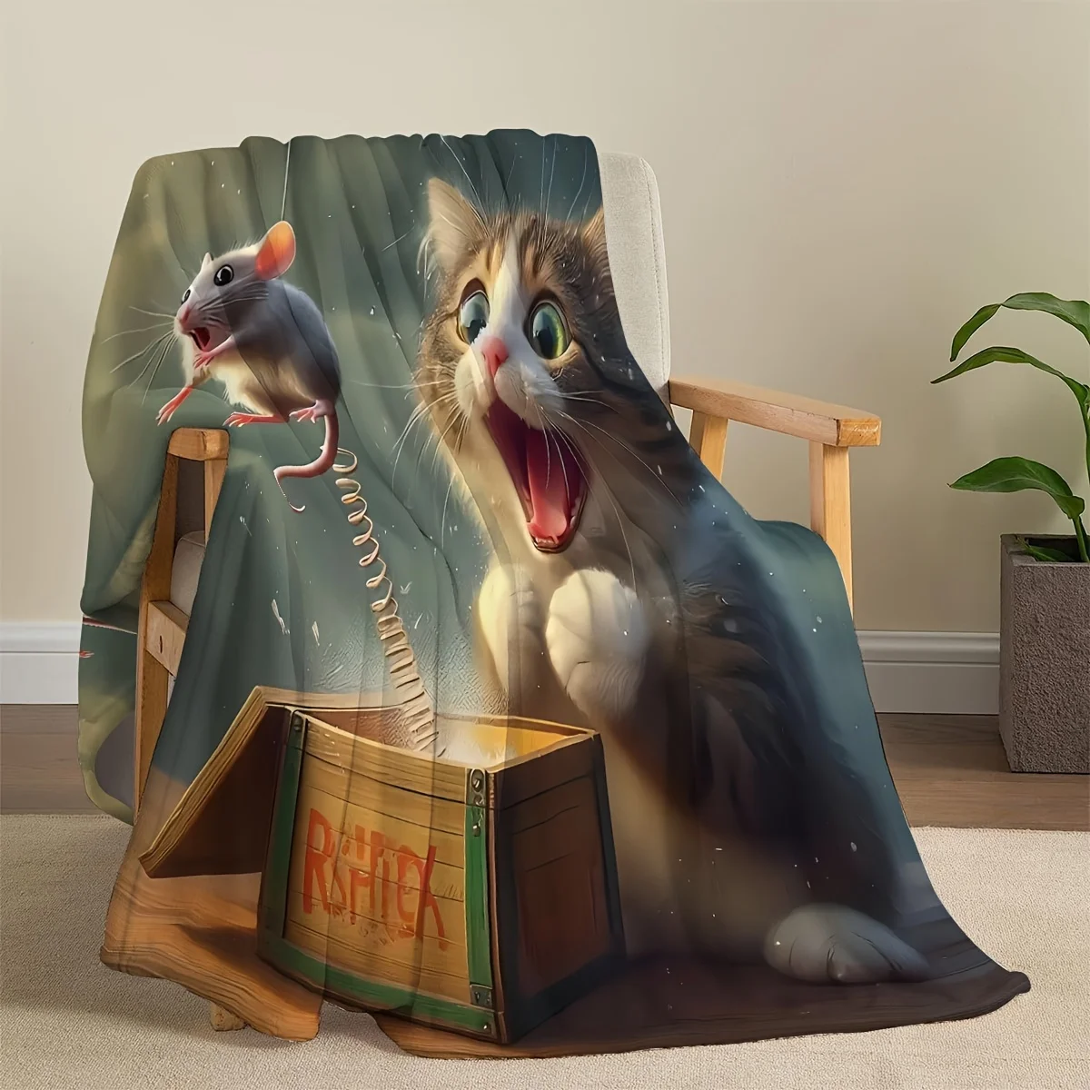 Cat and Mouse Digital Print Flannel Throw Blanket Multi-Purpose for Sofa, Bed, Office, Camping Gift - Contemporary Style