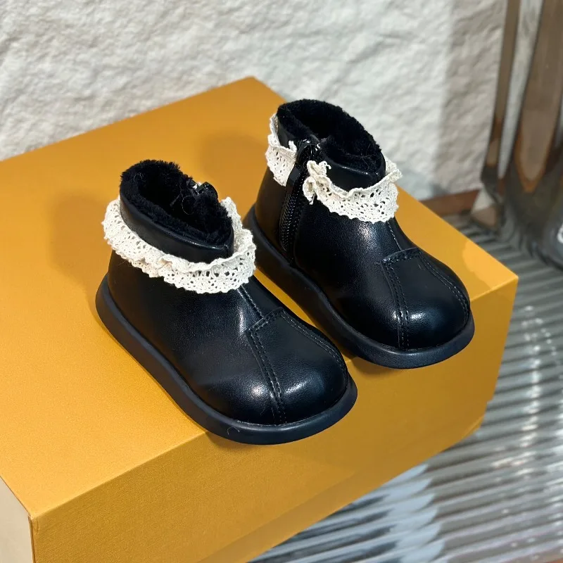 

Toddler Girls Short Boots Soft Bottom Non-slip Baby Princess Boots with Sweet Lace 2025 Winter New Kids Ankle Boots Round Toes