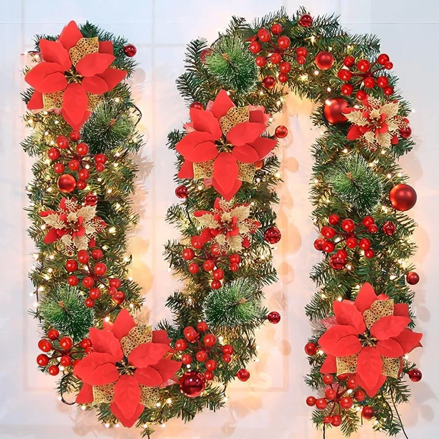

Christmas garland for indoor outdoor use, rattan material, natural brown color, 9 ft length with integrated lights and artifici