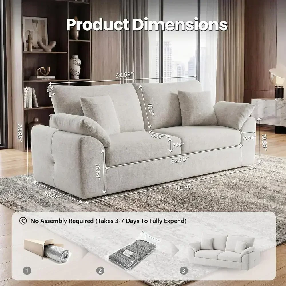89.8 Loveseat Sofa for Living Room, Cloud Bounce Cushion, 4 Pillows, Century Style, Space-Saving, No Assembly, Beige