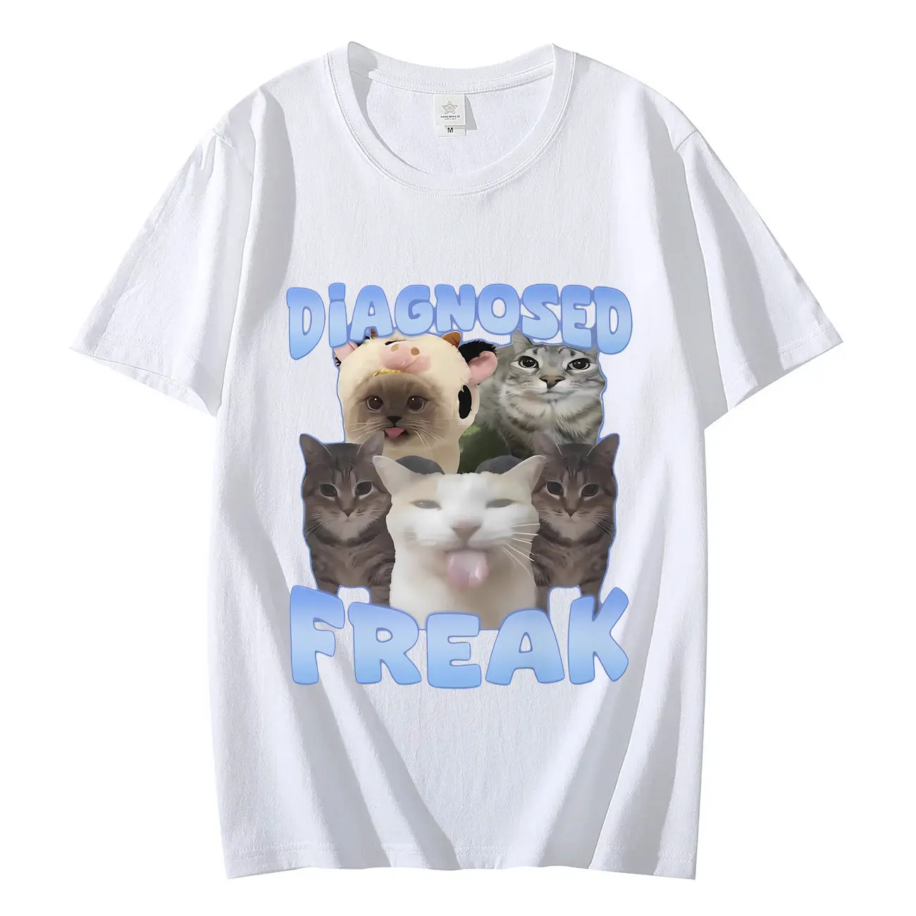 Diagnosed Freak Funny Cat Meme T-shirt High Street Fashion Trend Short Sleeve T-shirts Unisex Casual Pure Cotton Loose T Shirts