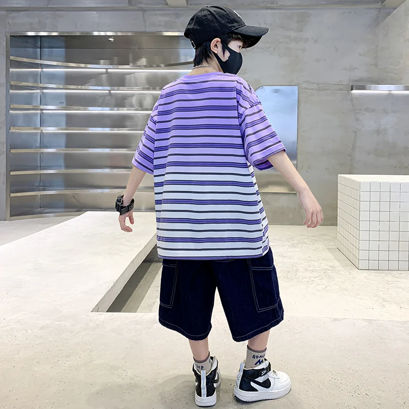 Kids Summer Casual Clothing Suit Shorts Striped T-shirt Set for Boys Casual Tracksuit Tween Child Outfit Sets Age 5 To 14 Years
