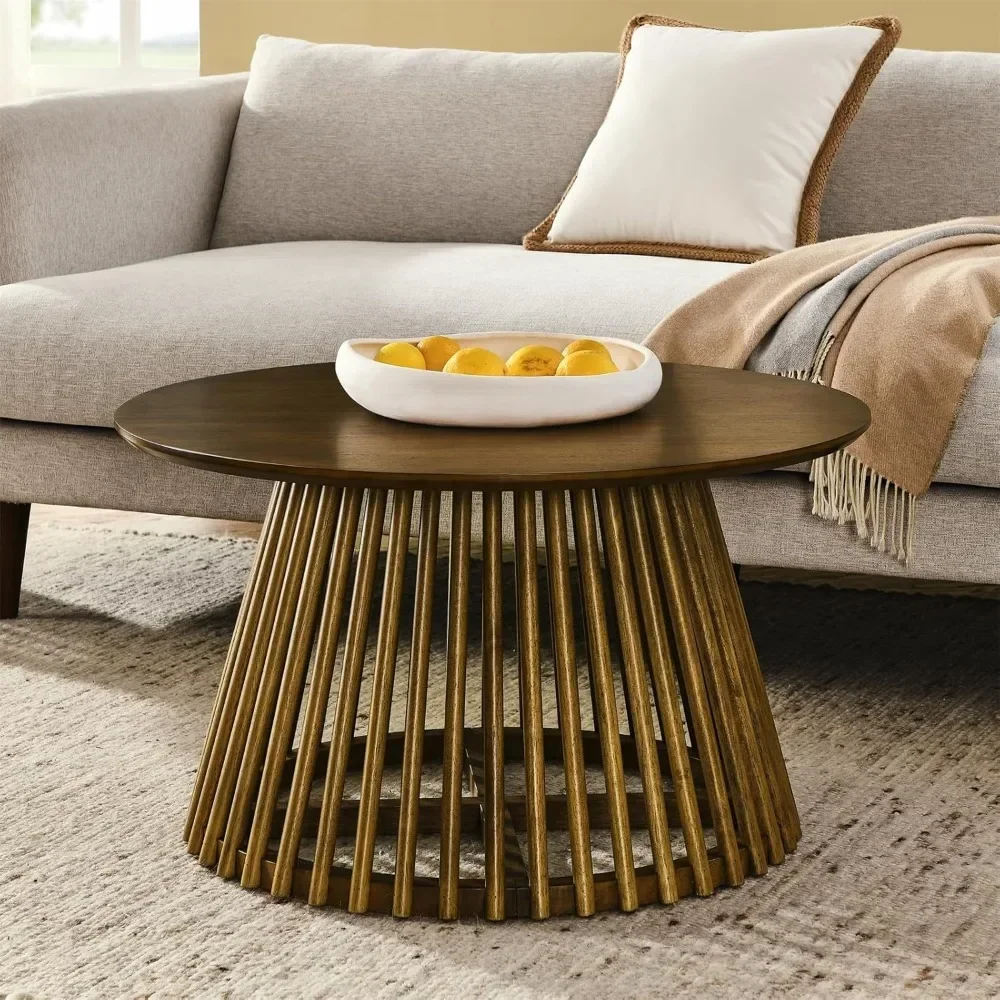 

31.5'' Round Walnut Coffee Table Solid Wood Legs Cross Table Base for Living Room Office