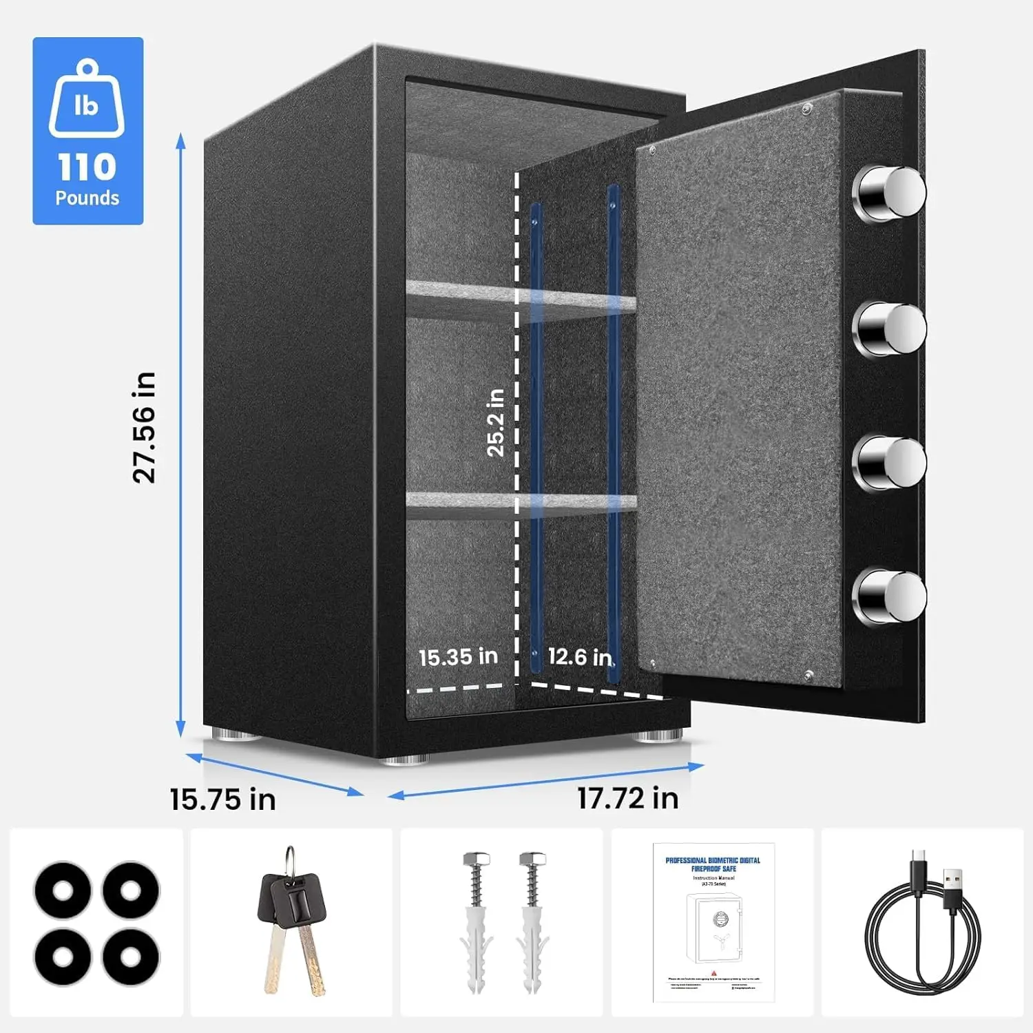 Large 8.0 Cu Ft Fireproof Waterproof Biometric Safe with Fingerprint Keypad Lock, 120LB Heavy Duty Security Safe for Home Office