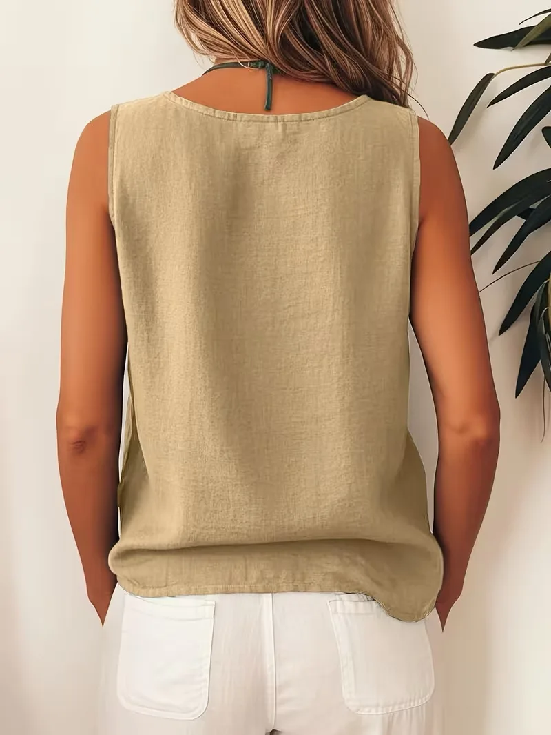 2026 Europäische und Amerikanische Neue Damen Freizeit-Colorblock-Ärmellose Knopfbluse mit seitlicher Einreihiger Knopfleiste, Rundhals – Detail 10