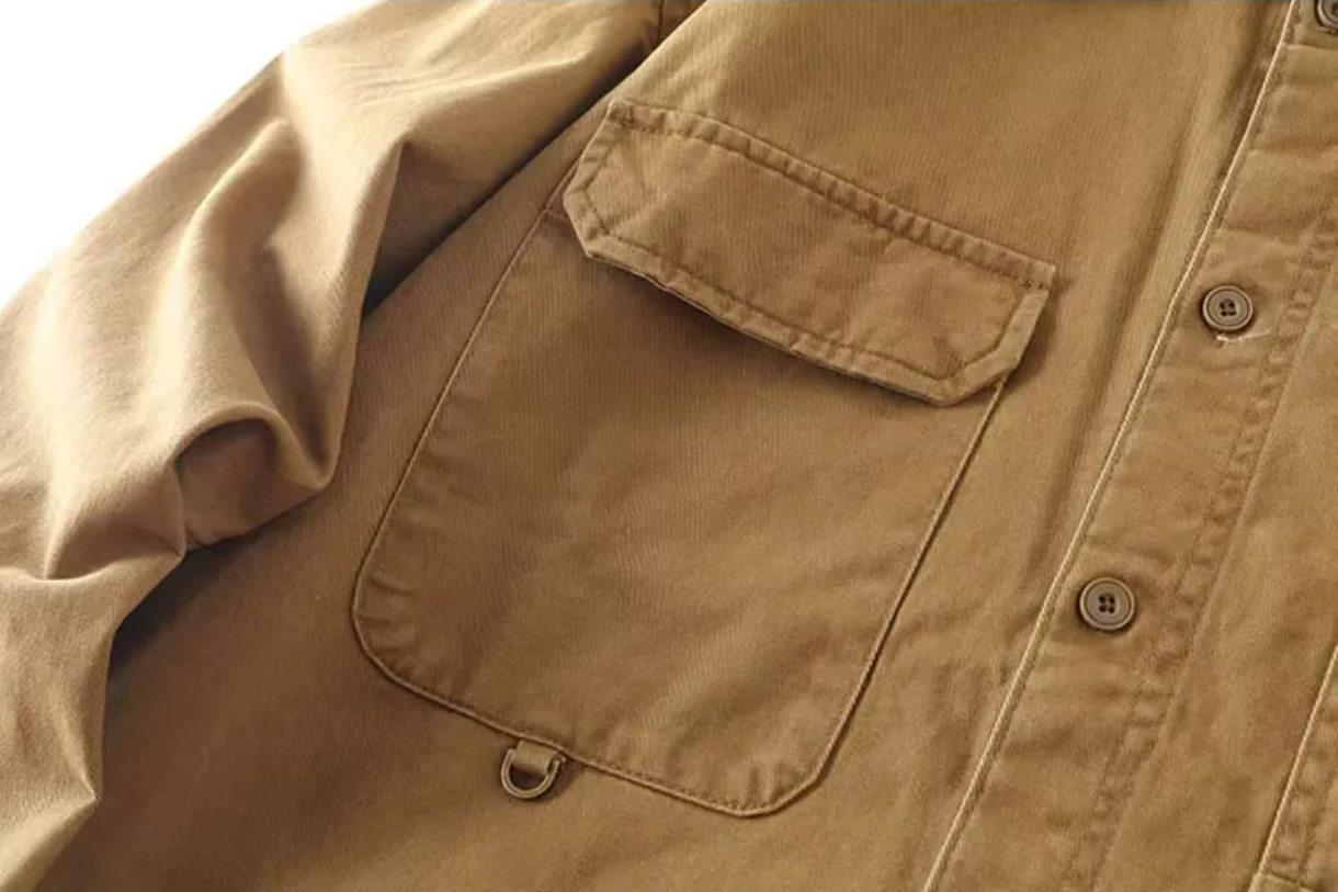 Camisa americana vintage pesada 100% algodão – jaqueta unissex de manga comprida com ajuste relaxado e estilo utilitário retrô