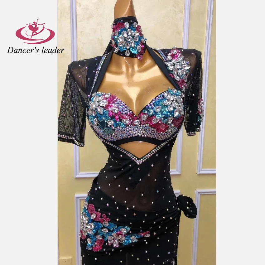 Belly Dance Competition New Performance Suit High-end Design Black Mesh Hot Drilling Performance Suit