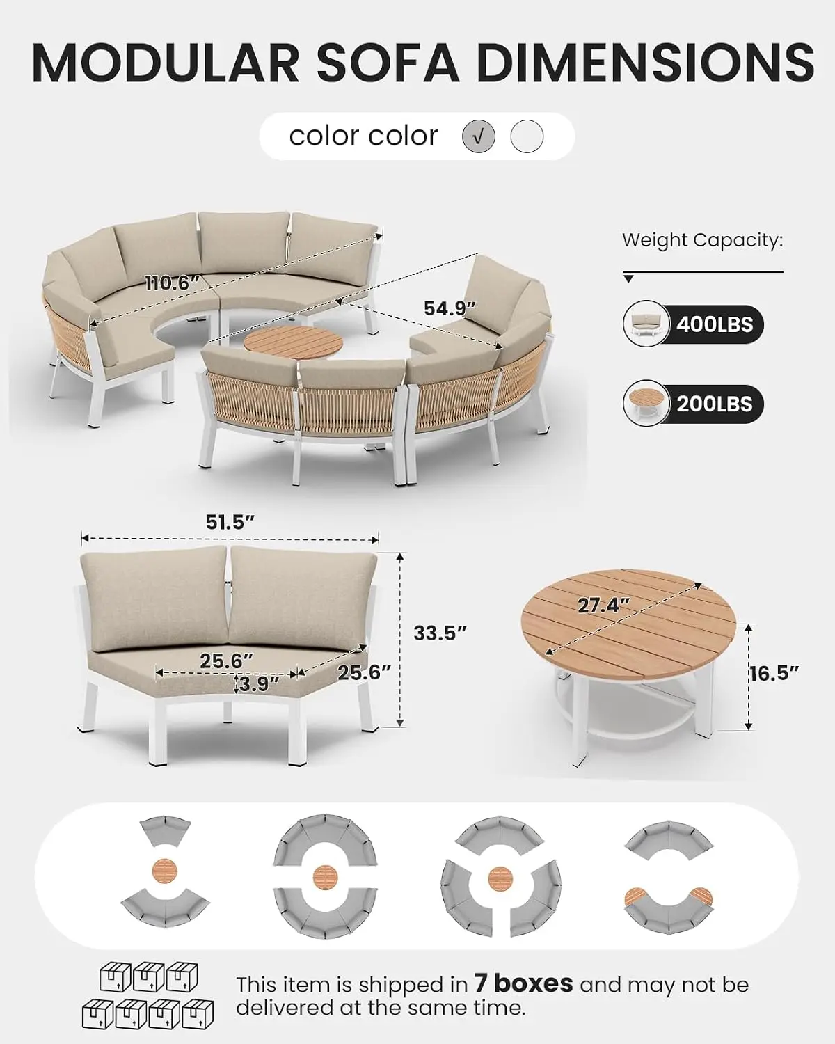 Luxury Patio Furniture Set for 10 People, 7-Piece Curved Patio Conversation Sets with Woven Rope & Modular Coffee Table