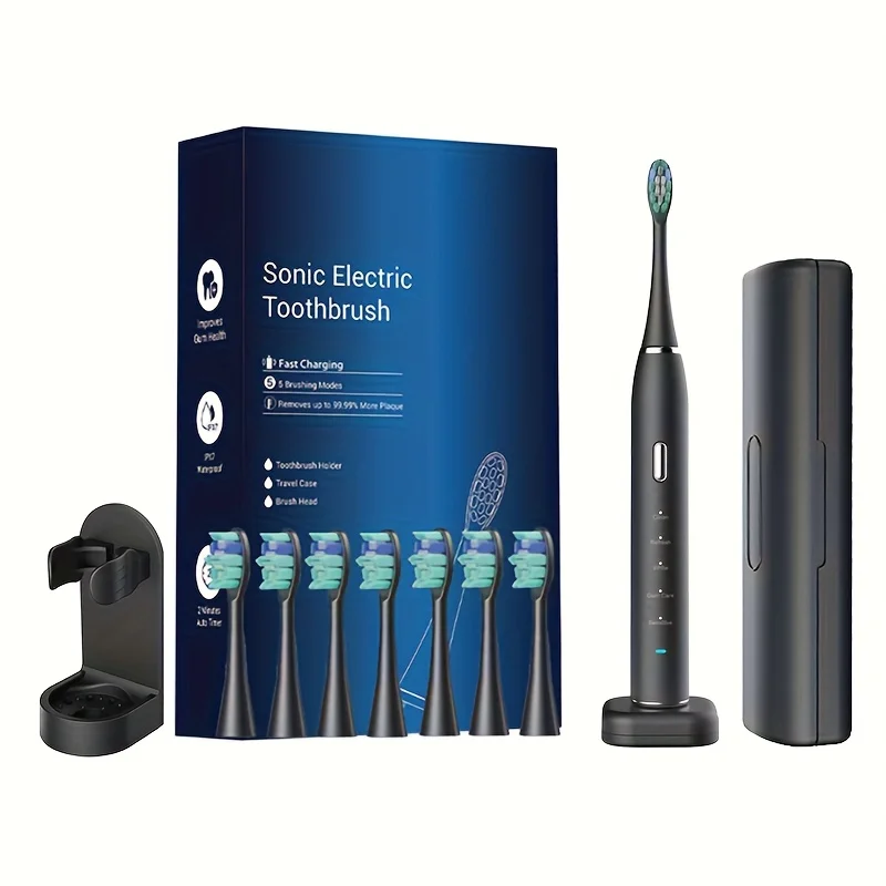 

Набор электрических зубных щеток для взрослых, поставляется с 7 сменными насадками, ультрамягкая нейлоновая щетина, подходит для чистки полости рта, подходит для мужчин и женщин, литиевая батарея емкостью 600 мАч, беспроводная зарядка на сенсорной основе,