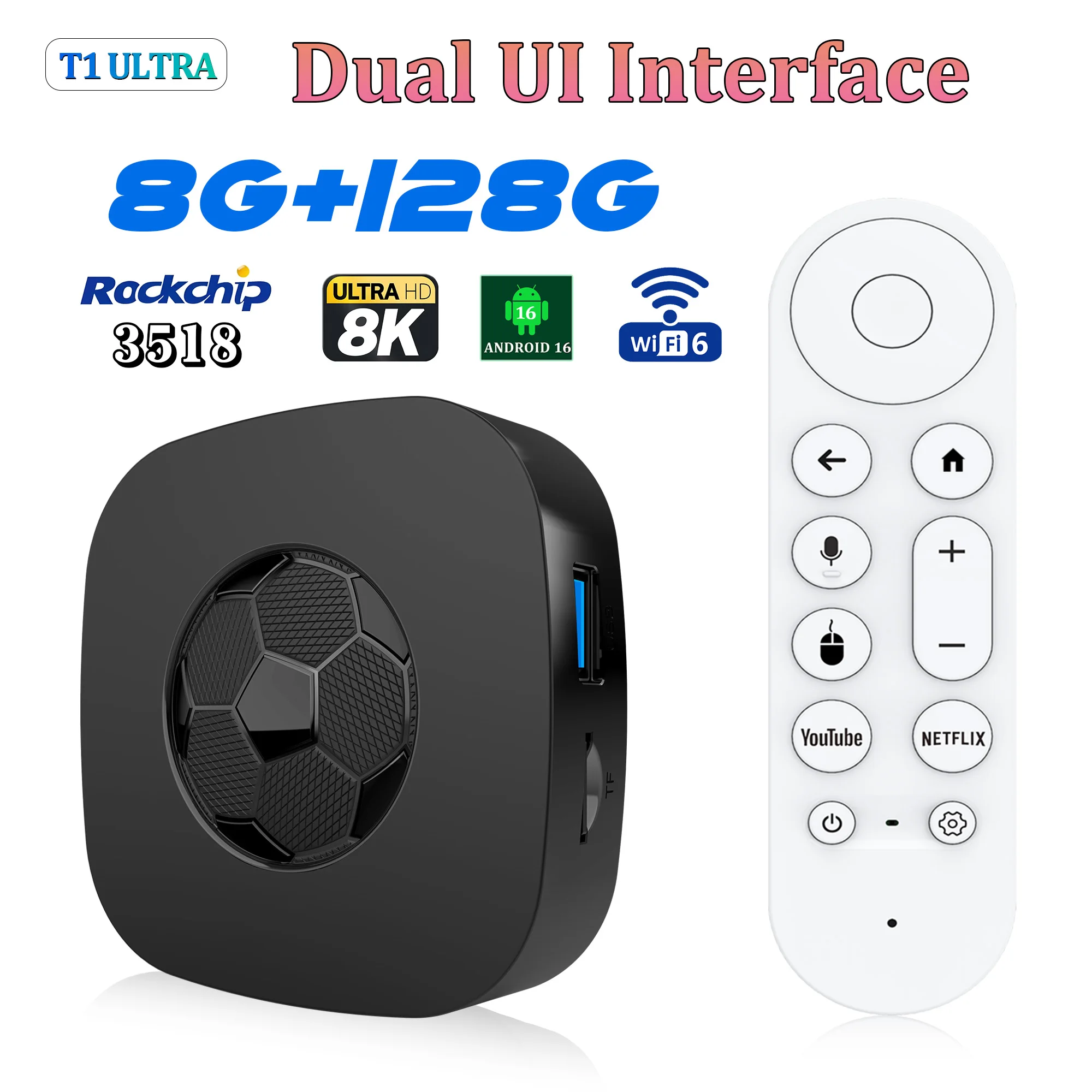 2026 الإصدار العالمي الجديد T1 Ultra TV Box Dual UI Interface 8K Ultra HD Android 16 8+128GB Wifi 6 Assistant Smart Streaming