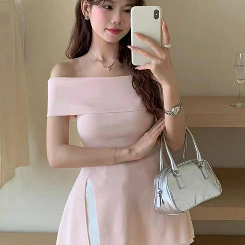 Korean Fashion Solid Color Off-shoulder Short-sleeved Side Slit Knitted T-shirt For Women