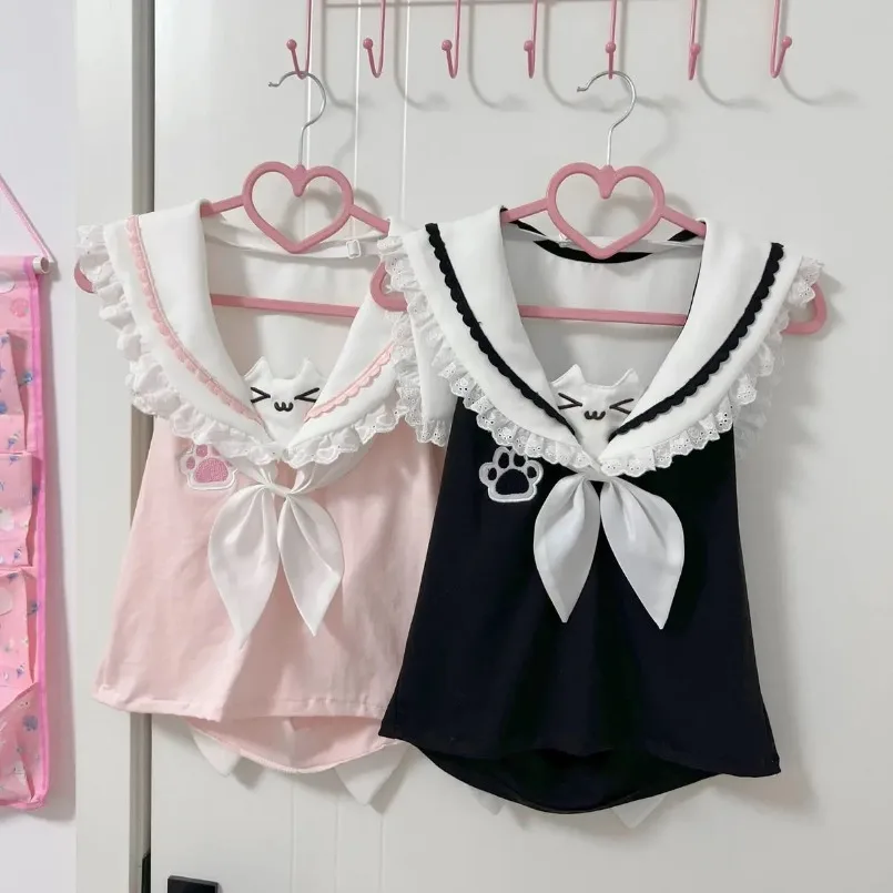 Japanese Kawaii Cat Cartoon Cute Y2k Aesthetic Lace Tops Patchwork Slim Crop Tees Grunge Contrast Color Vintage Fairy T-shirts