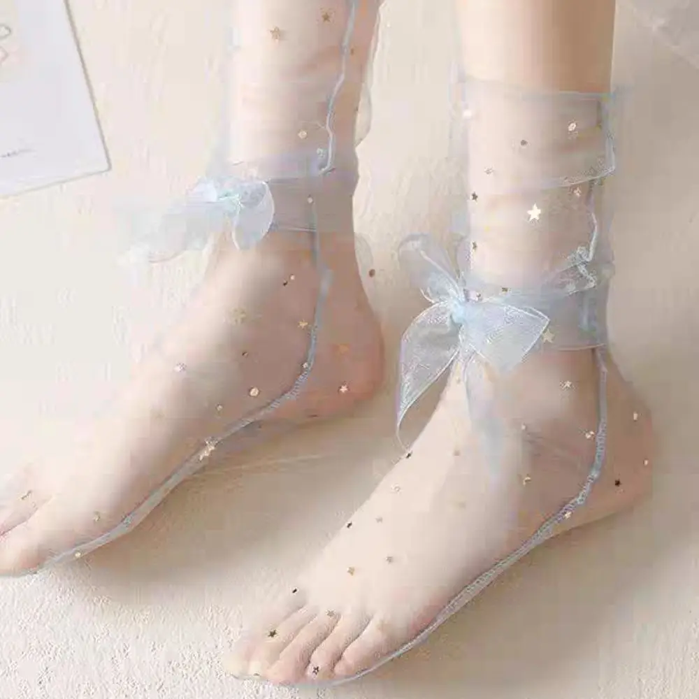 

5Pairs Star Moon Transparent Bow Socks Mid-calf Breathable Tulle Shiny Socks Sweet Female Hosiery Mesh Tube Socks Women