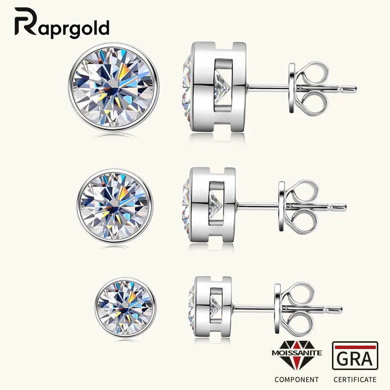 

RAPRGOLD GRA Certified Round Moissanite Stud Earrings For Women Men Classic S925 Sterling Silver Minimalist Fine Jewelry Gifts