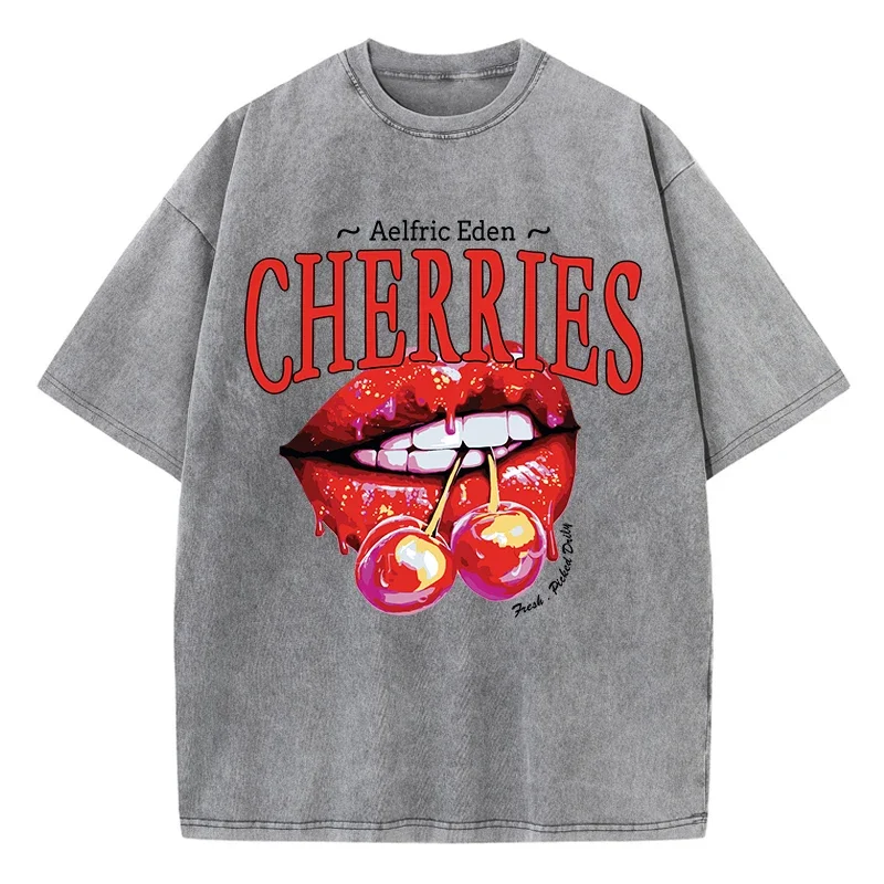 Casual Womens Acid Wash T-Shirts Cherries On The Lips Printing Tees Distressed Oversize Cotton Short Sleeve Trend Female Clothes