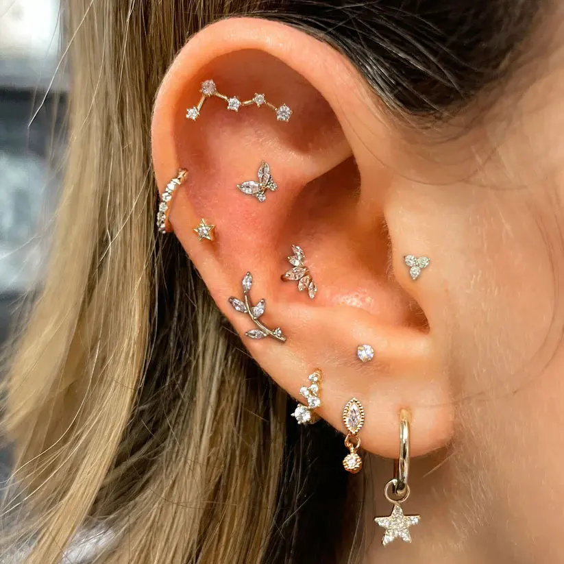 Stainless Steel Ear Piercing Stud Earring Helix Tragus Flat Lobe Buutterfly Star Zircon Hoop Earring Cartilage Piercing  Jewelry